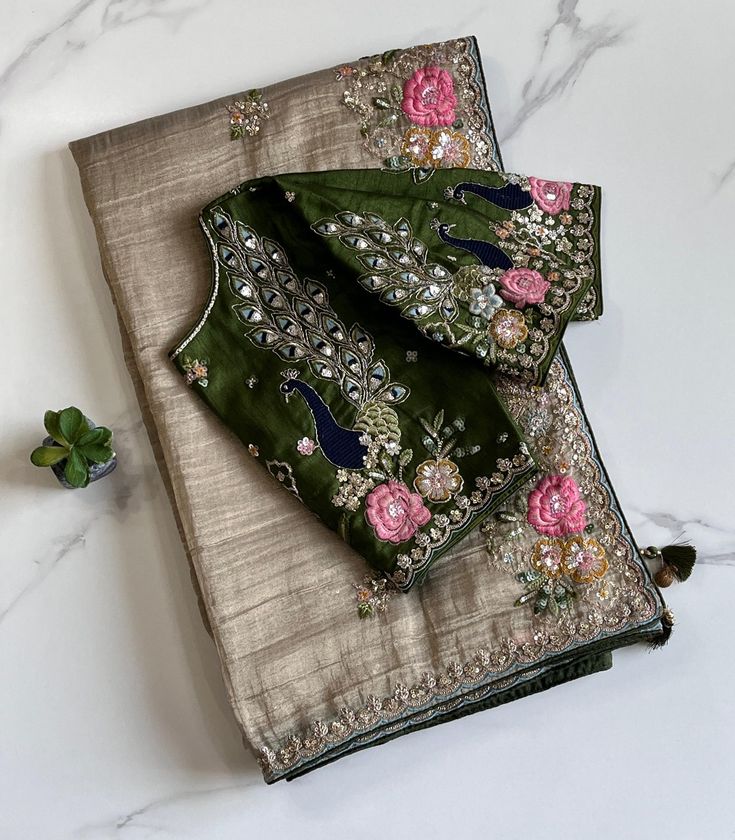 Super Hit Mehndi Color Saree With Antique Blouse
