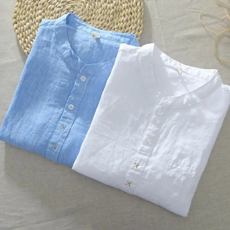 New Linen T-shirt for Men Short-sleeved Loose Stand-up Collar Cotton (Pack of 2)