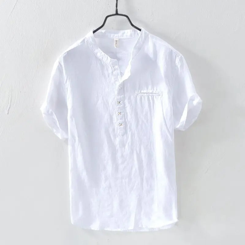 New Linen T-shirt for Men Short-sleeved Loose Stand-up Collar Cotton (Pack of 2)