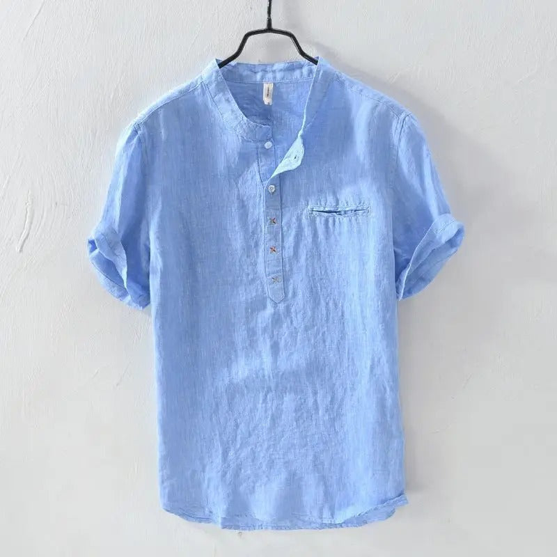 New Linen T-shirt for Men Short-sleeved Loose Stand-up Collar Cotton (Pack of 2)
